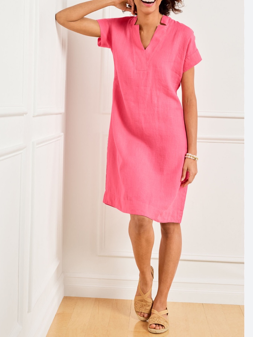 Talbots Linen Pink V-Neck Short Sleeve Mini Dress